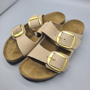 Birkenstock Arizona Big Buckle Nubuck Leather Sandal Light Beige Womens 7/38 New